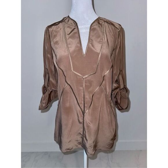 BCBG Silk Tan Light Brown Blouse Tunic Sz XS - Picture 1 of 5